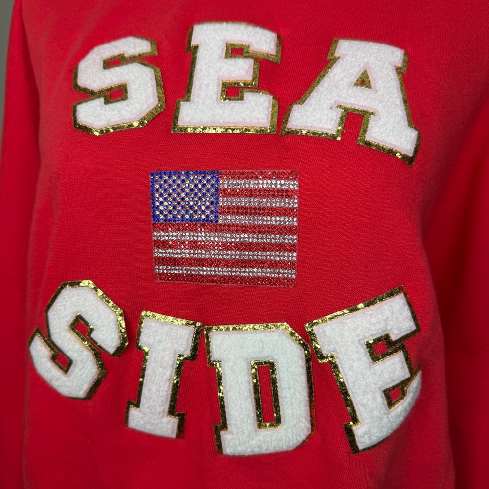 Judith March By The Seaside Pullover Sweatshirt Red Small S Rhinestone Flag - Picture 5 of 10